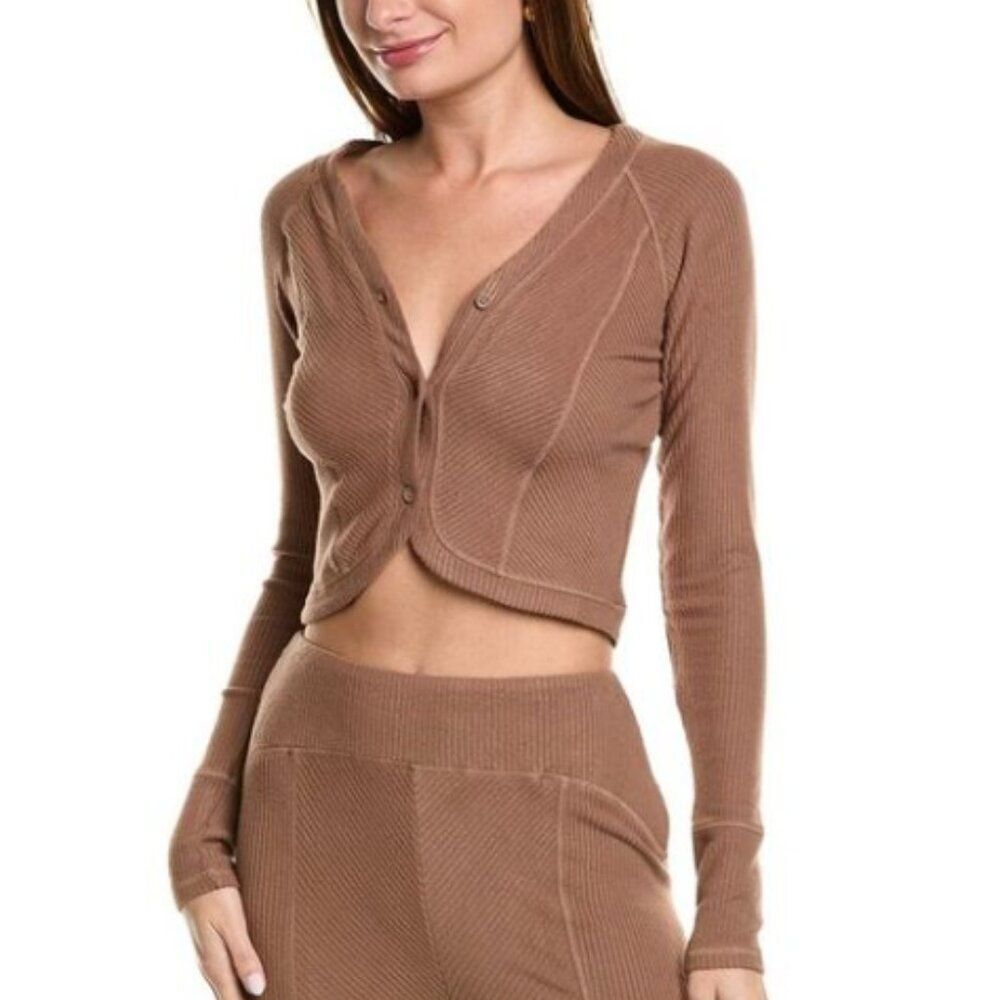 NWT AREA STARS RIBBED BOYFRIEND BUTTON FRONT TULIP HEM CROP TOP/CARDIGAN BROWN S